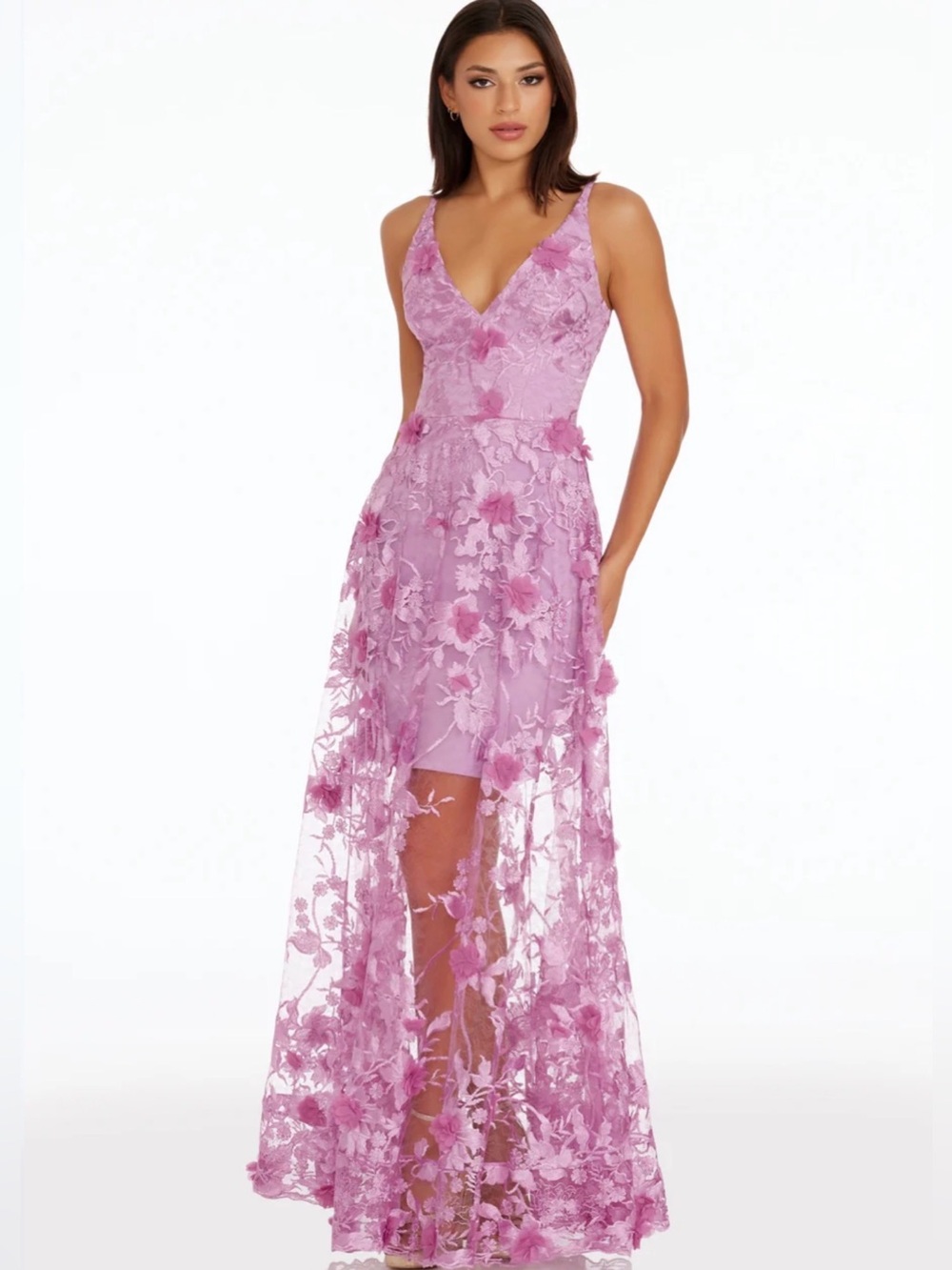 NEW Dress the Population Sydney 3D Lavender Floral Gown, Medium